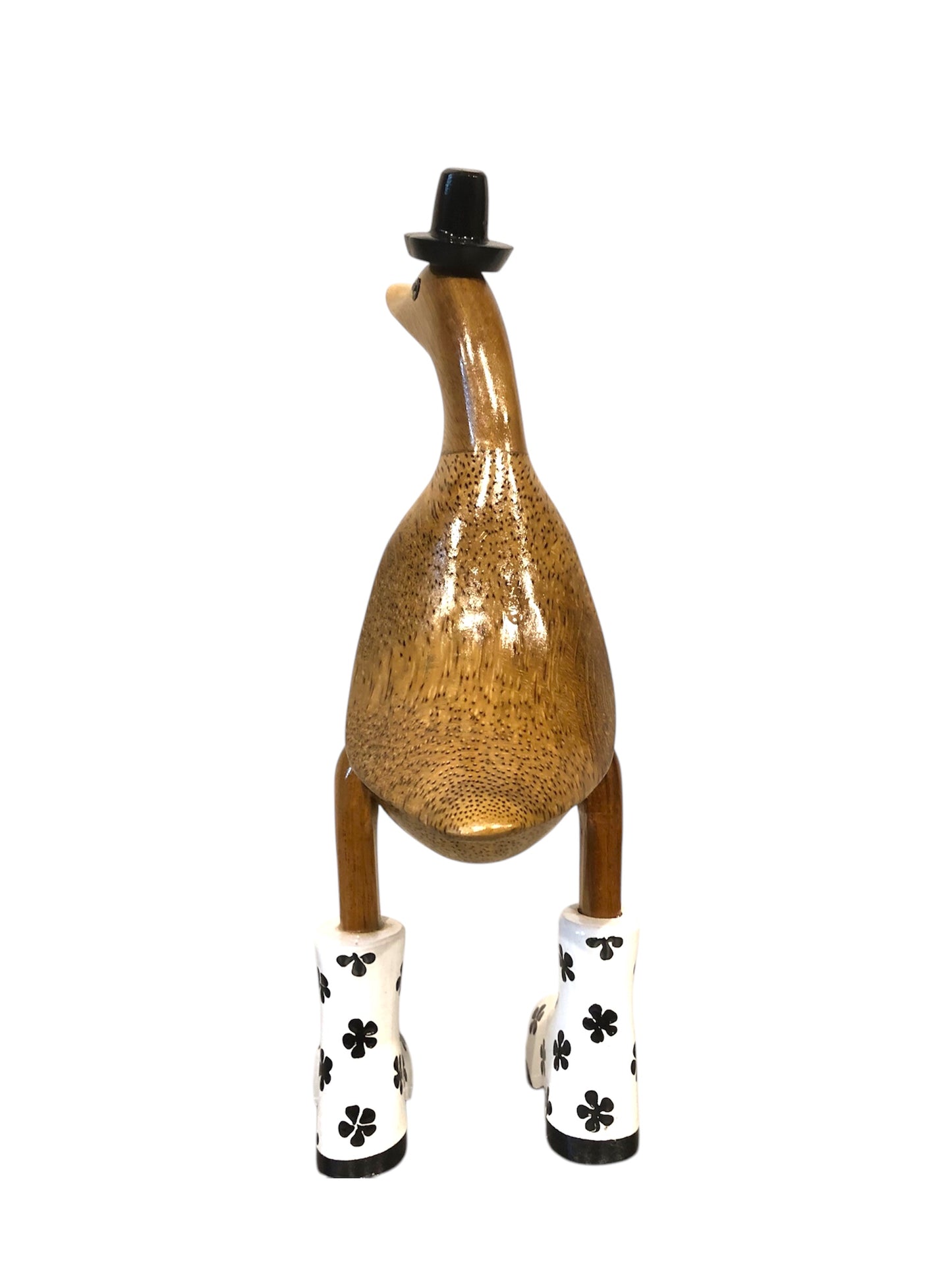 Papera in Legno con Stivali Bianchi a Fiori e Cappello – Statuetta Artigianale Decorativa