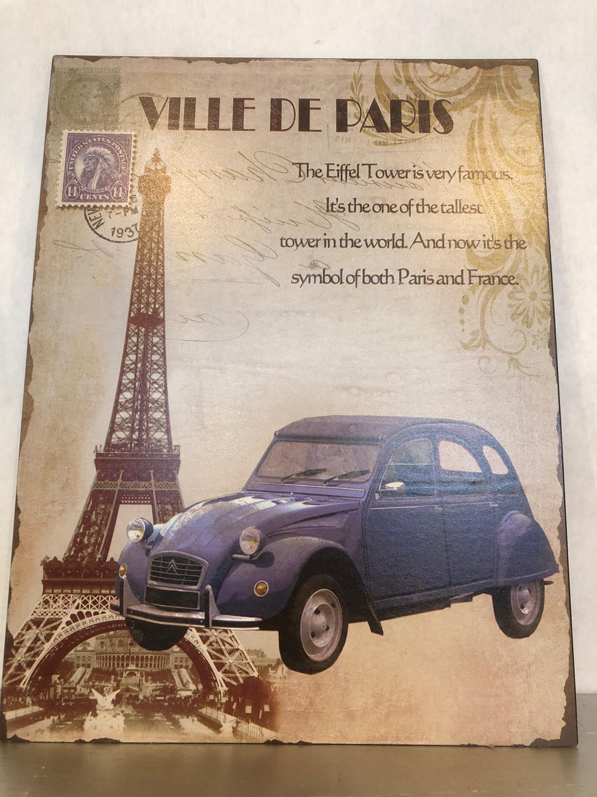 Targa Vintage in Metallo Retrò – Insegna Ville de Paris con Torre Eiffel e Citroën 2CV