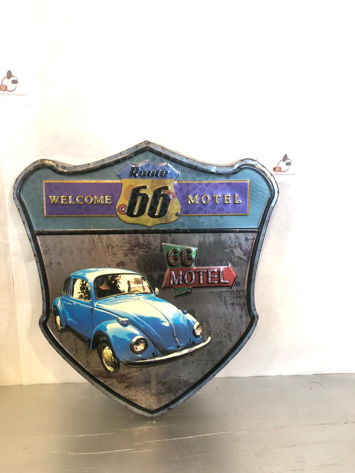 Insegna Route 66 Motel Vintage – Maggiolino Azzurro in Metallo Retrò