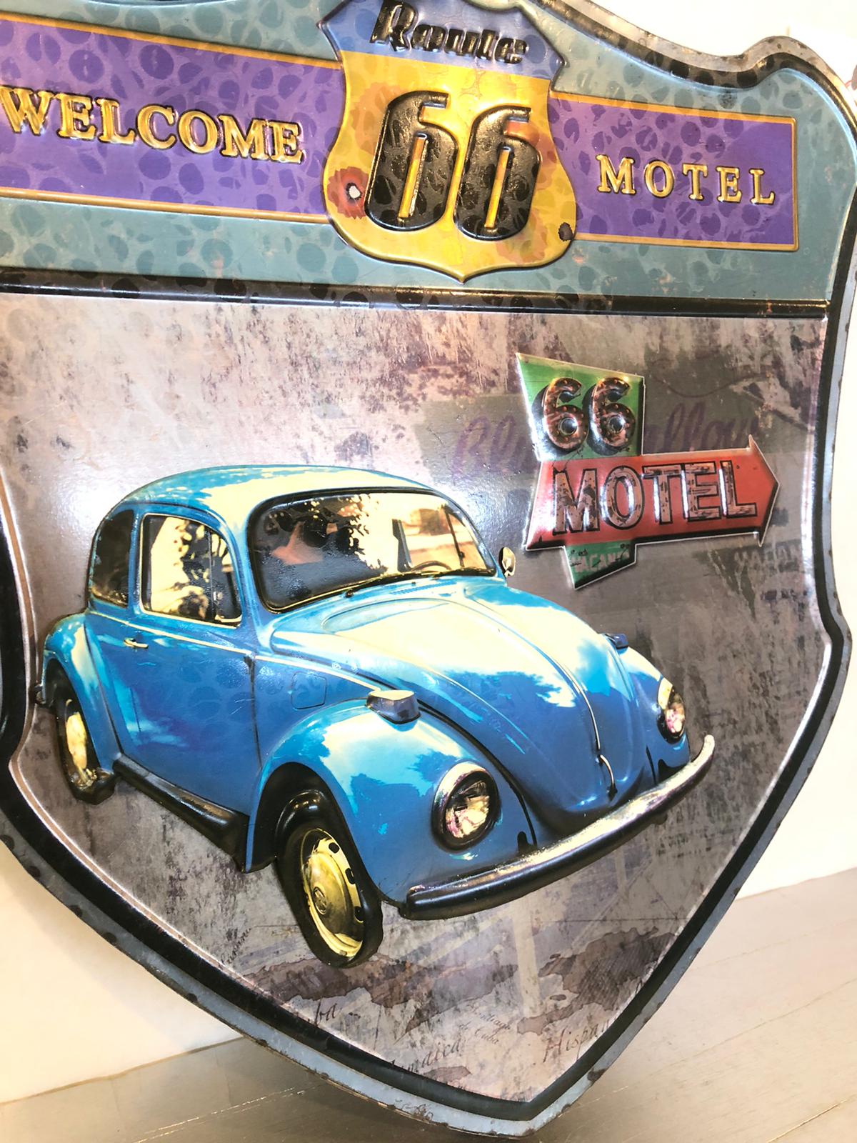 Insegna Route 66 Motel Vintage – Maggiolino Azzurro in Metallo Retrò