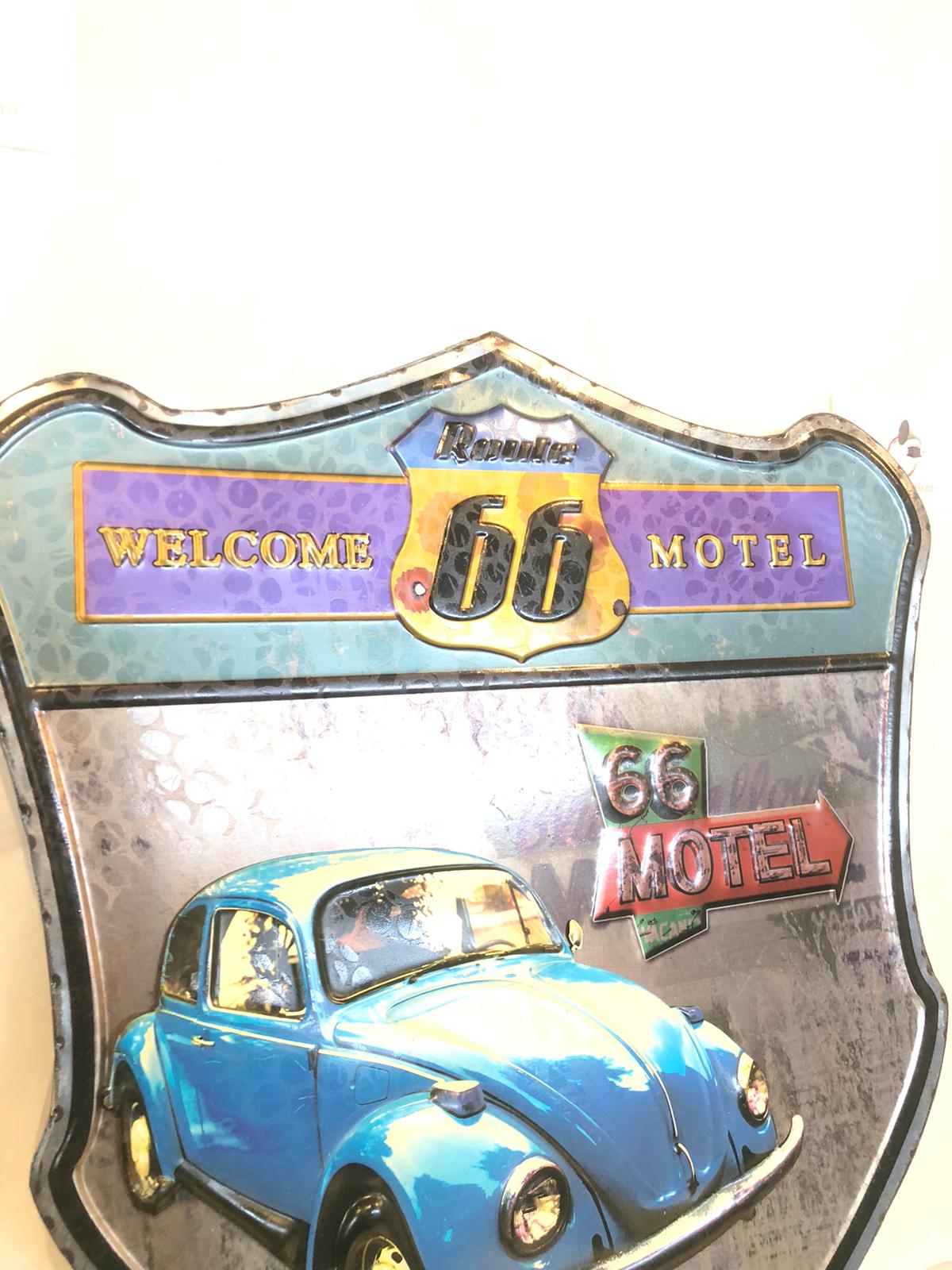 Insegna Route 66 Motel Vintage – Maggiolino Azzurro in Metallo Retrò