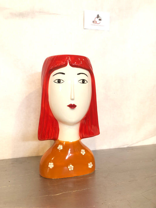 Vaso Volto Donna in Ceramica – Testa Decorativa Capelli Rossi Moderno Design