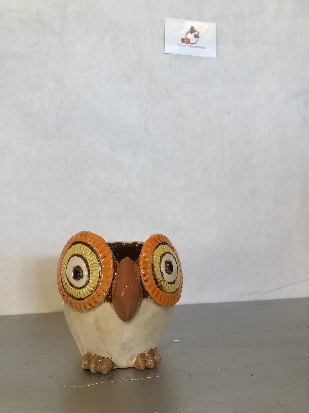 Due civette decorative in ceramica, una con dettagli arancioni e una con dettagli verde acqua e gialli, fotografate su un tavolo in legno in un’atmosfera autunnale e di Halloween, con zucche, foglie e luci calde sullo sfondo.
