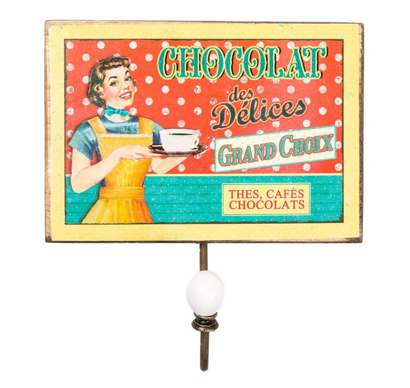 Appendichiavi da parete vintage Chocolat con grafica retrò. Portachiavi da muro decorativo ideale per cucina, ingresso, bar e caffetteria.