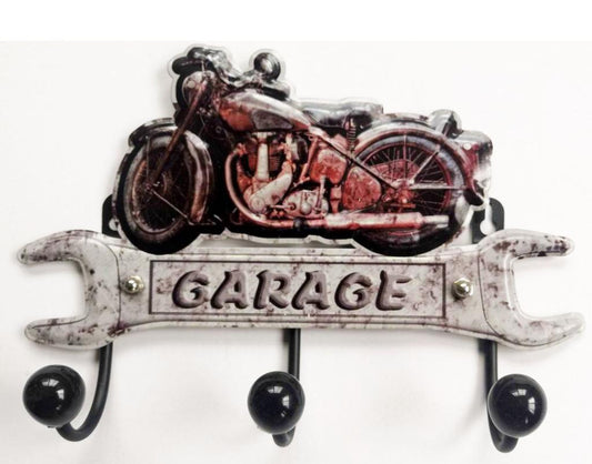 Appendichiavi da parete vintage Moto Garage con 3 ganci. Portachiavi da muro retrò ideale per garage, officina e appassionati di moto.