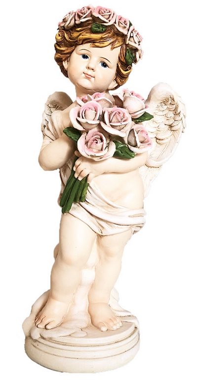 Statuetta angelo bambino con ali e rose rosa. Cherubino decorativo con fiori ideale come soprammobile, decorazione casa e idea regalo.