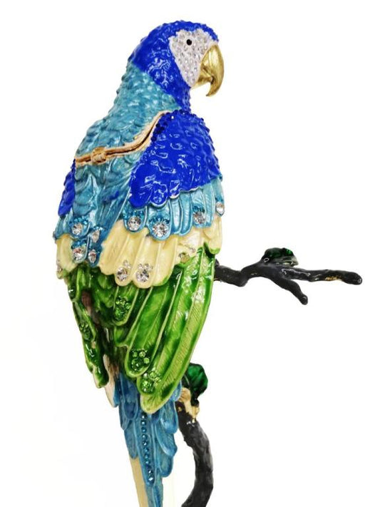 Statuetta Pappagallo Blu con Strass – Scultura Decorativa Gioiello su Ramo