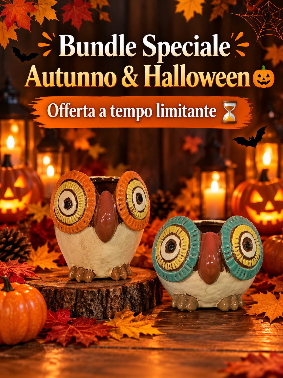 Due civette decorative in ceramica, una con dettagli arancioni e una con dettagli verde acqua e gialli, fotografate su un tavolo in legno in un’atmosfera autunnale e di Halloween, con zucche, foglie e luci calde sullo sfondo.
