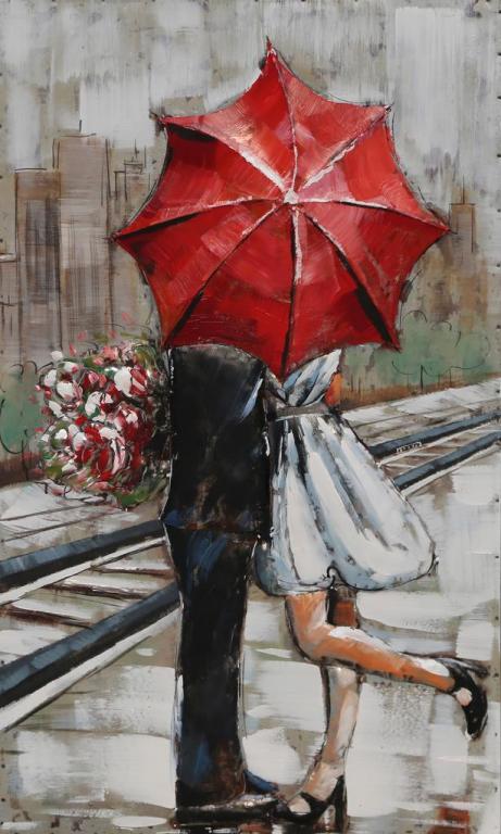 Quadro Moderno Dipinto a Mano Coppia Sotto Ombrello Rosso su Tela Decorazione da Parete Romantica Stile Contemporaneo per Soggiorno Camera da Letto Ingresso e Ufficio 60x100 cm