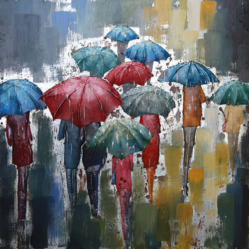 Quadro Moderno Dipinto a Mano Persone con Ombrelli Colorati sotto la Pioggia su Tela Decorazione da Parete Stile Contemporaneo per Soggiorno Camera Ufficio 100x100 cm