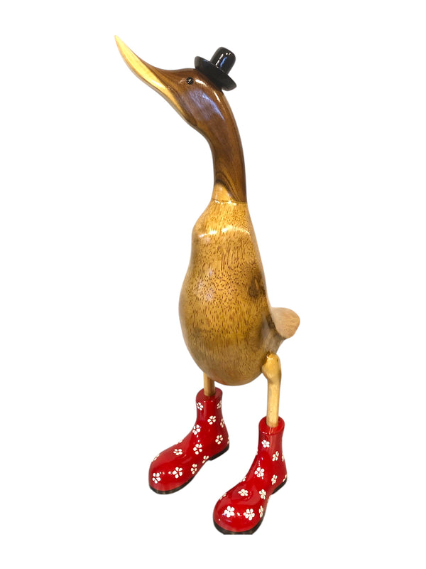 Papera in Legno con Stivali Rossi e Cappello – Decorazione Artigianale Vintage Country