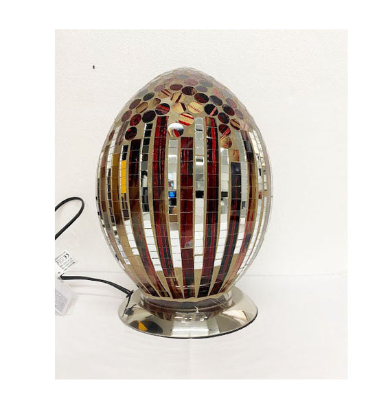 Lampada da Tavolo a Forma di Uovo con Mosaico di Specchi e Tessere Rosso Argento, Design Elegante con Base Cromata, Illuminazione Decorativa Moderna per Camera da Letto, Soggiorno, Ingresso e Idea Regalo