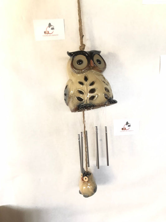 Pendaglio a Vento Gufi in Ceramica – Wind Chime Decorativo Portafortuna