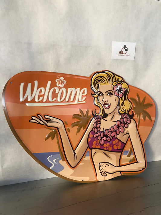 Targa Welcome Hawaiana in Metallo – Pin-Up Tropicale – Arredo Estivo e Retrò