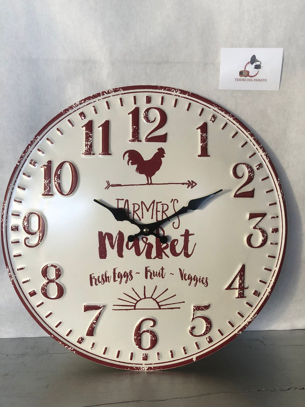 Orologio da parete vintage Farmer's Market con gallo, numeri grandi e design rustico in stile country.