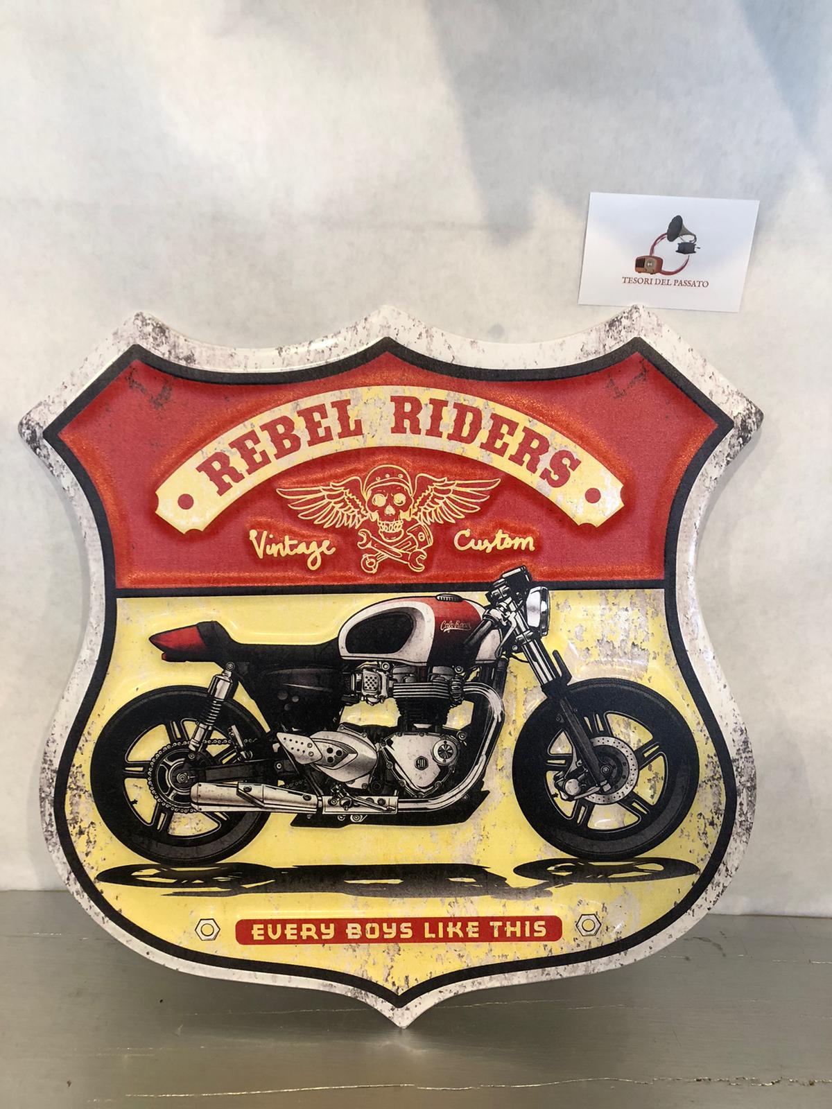 Targa Vintage in Metallo Rebel Riders – Insegna Sagomata Moto Custom Stile Biker