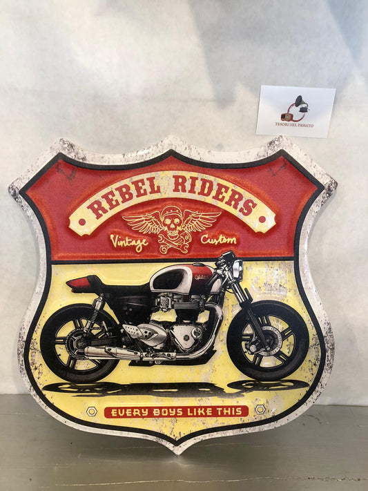 Targa Vintage in Metallo Rebel Riders – Insegna Sagomata Moto Custom Stile Biker