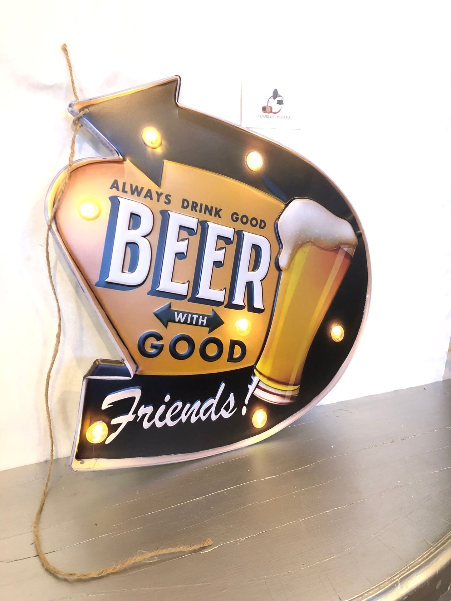 Targa Luminosa Beer – Insegna Vintage Metallo con Luci LED – Always Drink Good Beer with Friends