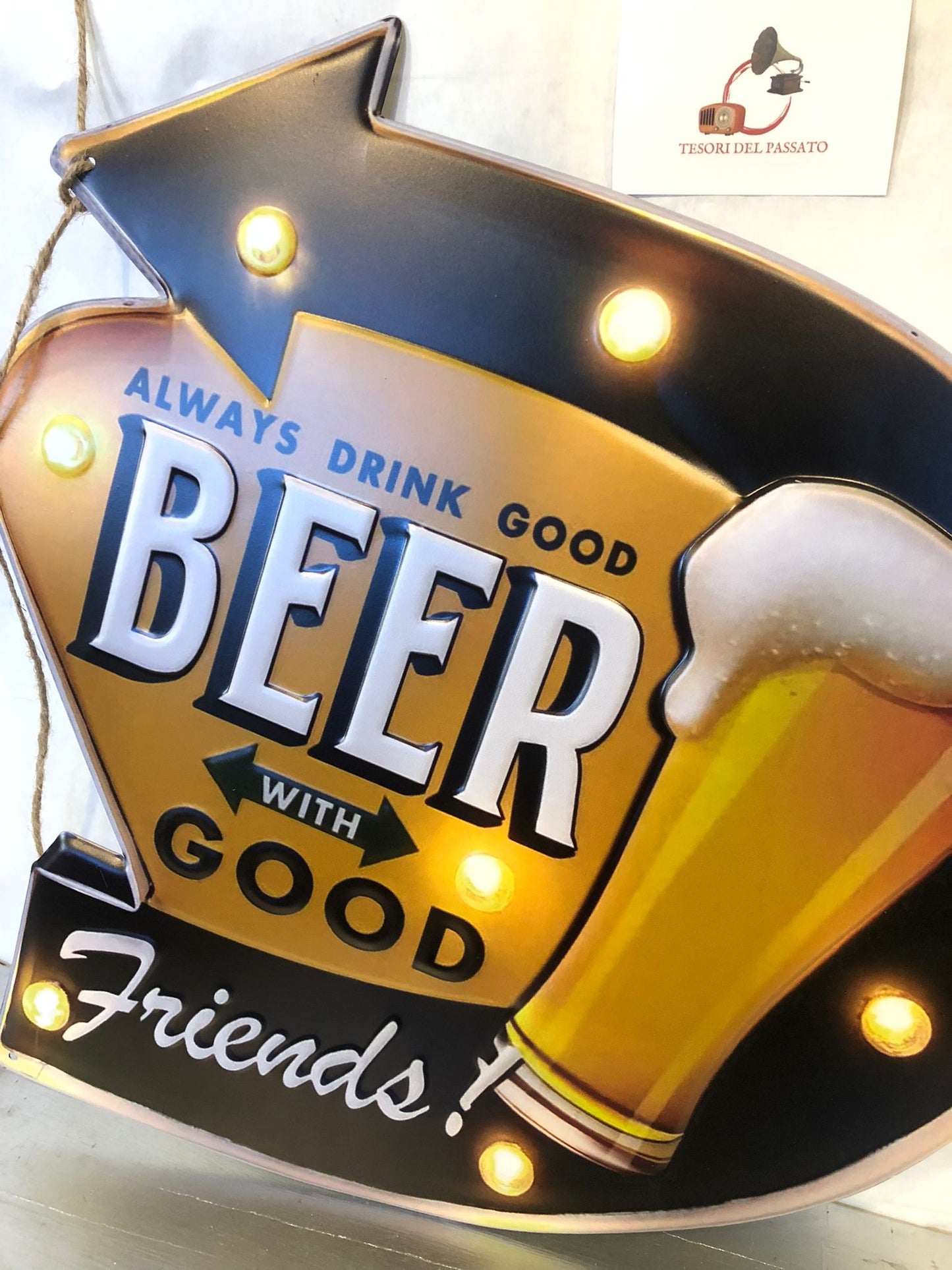 Targa Luminosa Beer – Insegna Vintage Metallo con Luci LED – Always Drink Good Beer with Friends