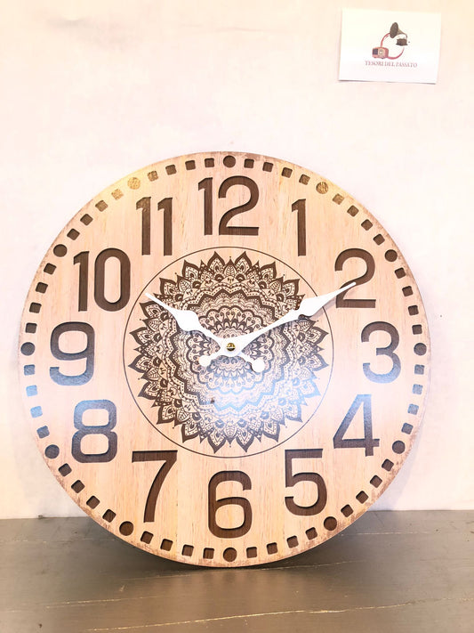 Orologio da Parete in Legno con Mandala – Orologio Rotondo Decorativo Stile Naturale e Moderno