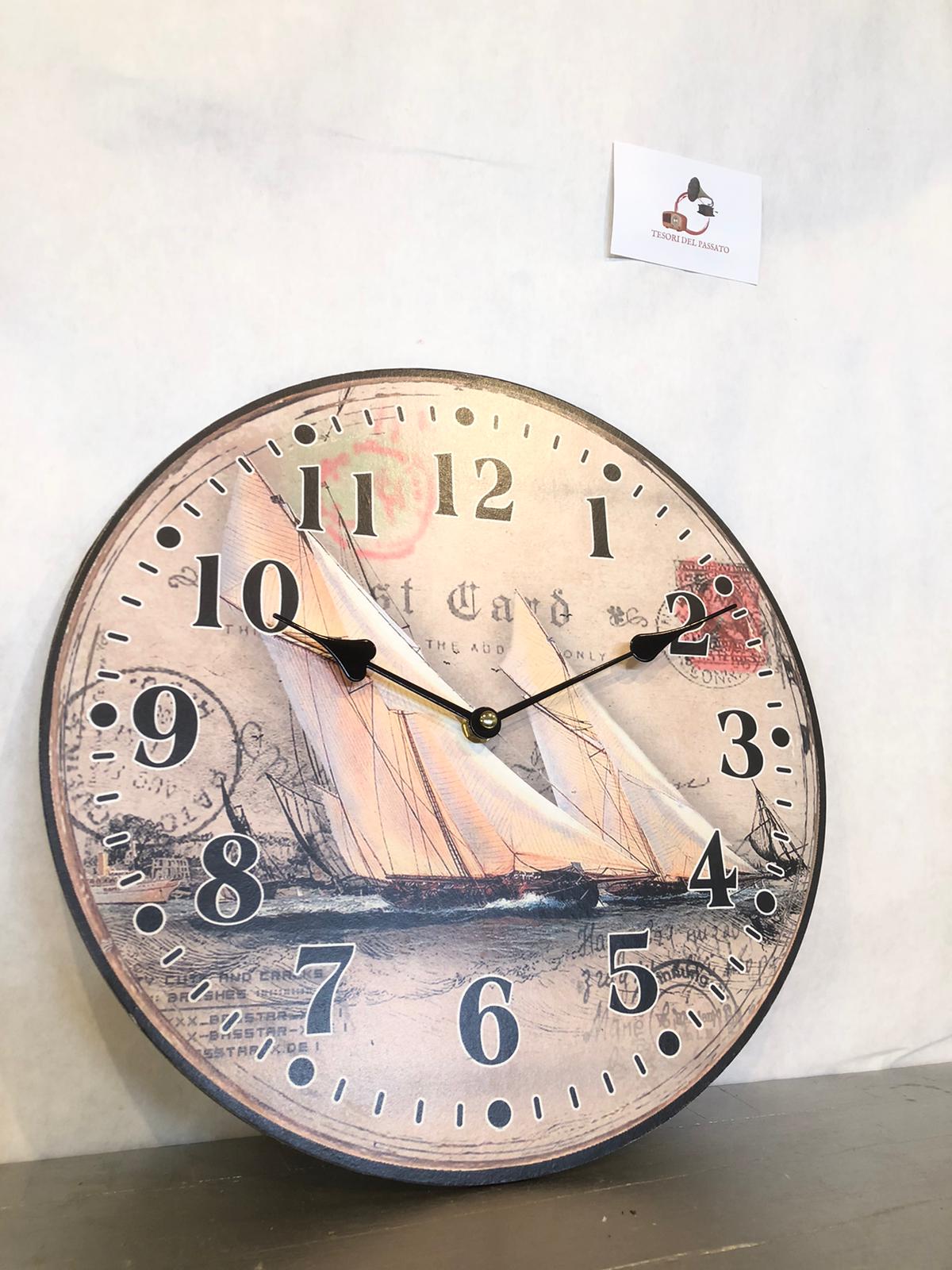 Orologio da Parete Vintage con Barca a Vela – Orologio Rotondo Stile Nautico e Shabby Chic