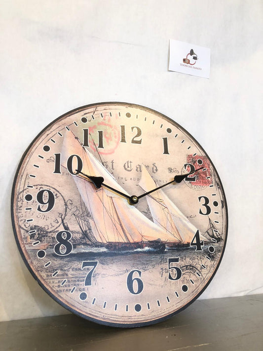 Orologio da Parete Vintage con Barca a Vela – Orologio Rotondo Stile Nautico e Shabby Chic