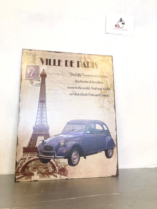 Targa Vintage in Metallo Retrò – Insegna Ville de Paris con Torre Eiffel e Citroën 2CV