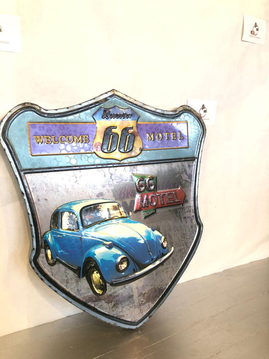 Insegna Route 66 Motel Vintage – Maggiolino Azzurro in Metallo Retrò