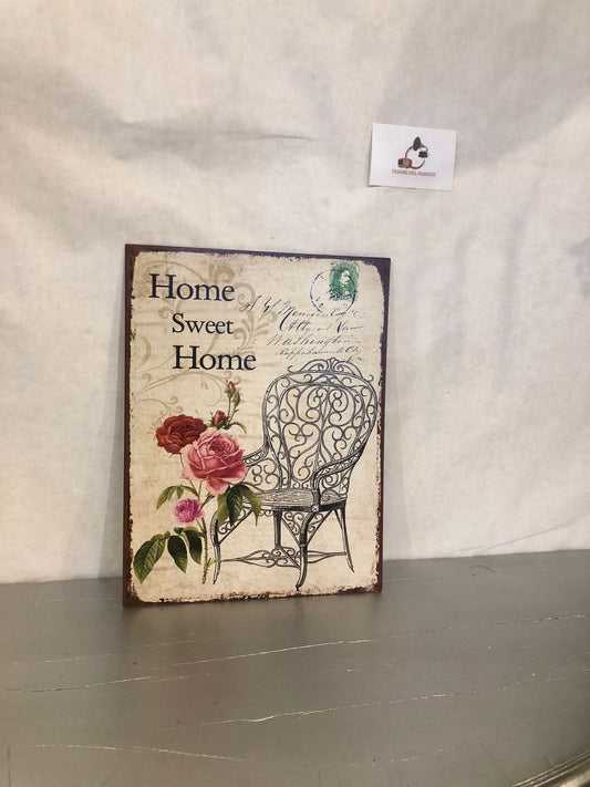Targa Vintage Home Sweet Home – Insegna Shabby Chic in Metallo con Rose