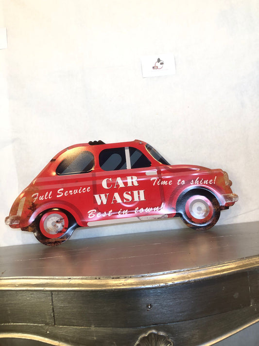 Targa Car Wash Vintage – Insegna in Metallo Auto Rossa Retrò – Decorazione Garage e Officina