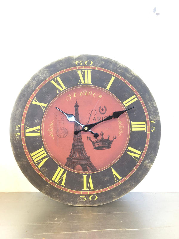 Orologio da parete vintage con Torre Eiffel di Parigi, numeri romani e design retrò in stile francese.