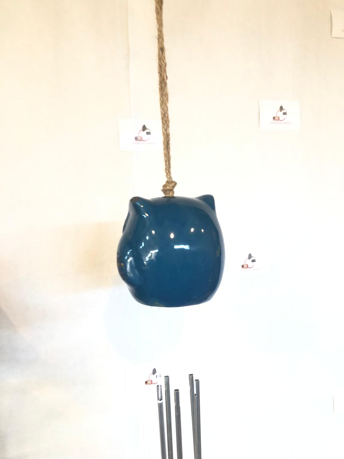 Pendaglio a Vento Gufo Blu in Ceramica – Decorazione da Giardino con Suono Armonioso