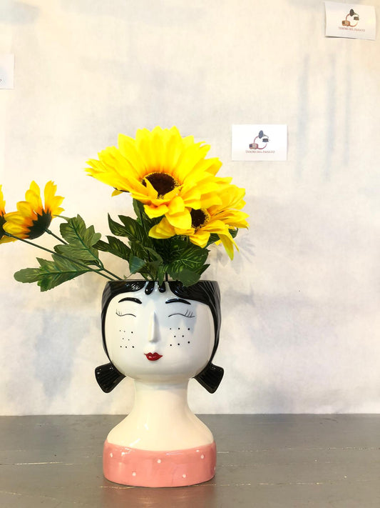 Vaso Volto Donna con Capelli Neri e Base Rosa – Vaso in Ceramica Artistico
