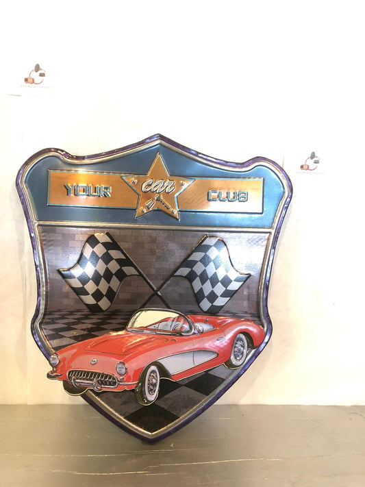 Insegna Vintage Car Club – Auto d’Epoca Rossa e Bandiere Racing in Metallo