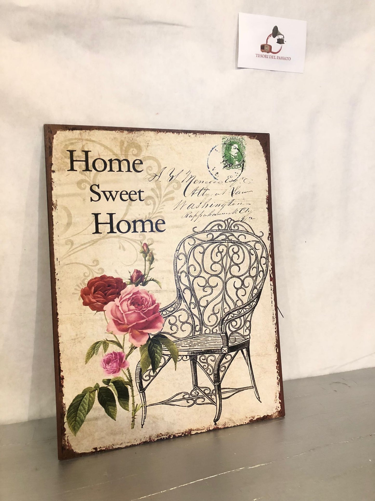 Targa Vintage Home Sweet Home – Insegna Shabby Chic in Metallo con Rose